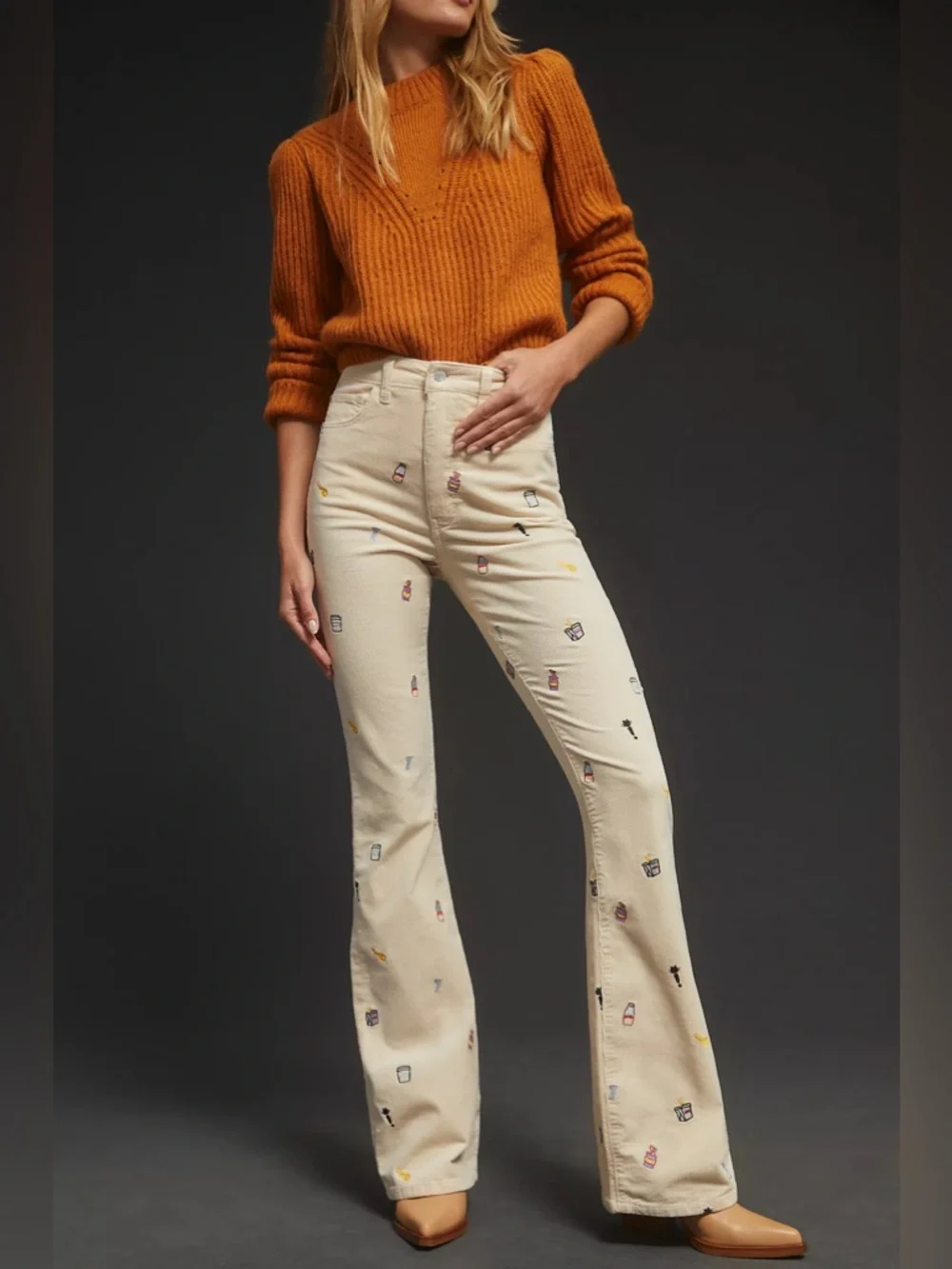 Pilcro Cream Corduroy Embroidered Flare Pants - Picture 10 of 10